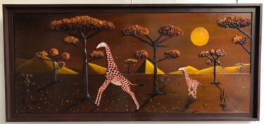 Malarstwo zatytułowany „Girafes et lune rou…” autorstwa Frank Guillard, Oryginalna praca, Olej