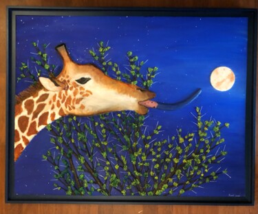 Painting titled "Girafe au clair de…" by Frank Guillard, Original Artwork, Oil Mounted on Wood Stretcher frame