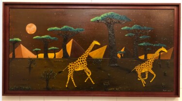 Painting titled "Girafes et lune rou…" by Frank Guillard, Original Artwork, Oil Mounted on Wood Stretcher frame