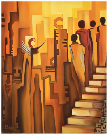 Schilderij getiteld "“L’Ascension”" door Frank Keita, Origineel Kunstwerk, Acryl Gemonteerd op Frame voor houten brancard