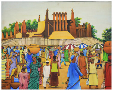 Painting titled ""Marché rose de Bam…" by Frank Keita, Original Artwork, Acrylic Mounted on Wood Stretcher frame