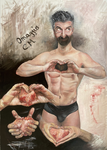 Pittura intitolato "omaggio a Cattelan…" da Frank-Oben, Opera d'arte originale, Olio