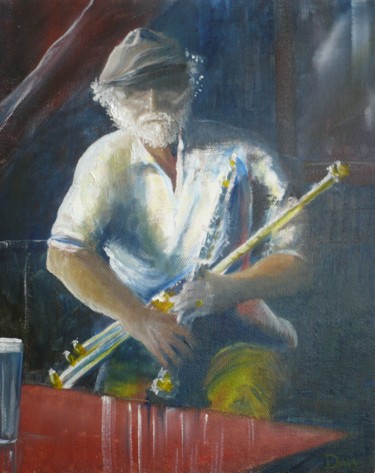 Painting titled "Uilleann Piper" by Frank Daly, Original Artwork, Oil