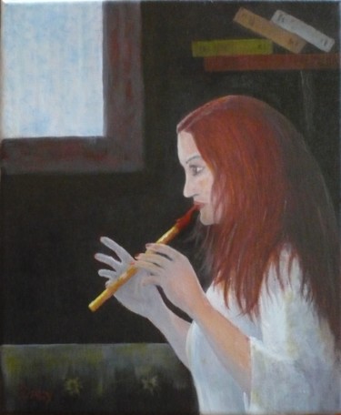 Painting titled ""Tin Whistle Player"" by Frank Daly, Original Artwork, Oil