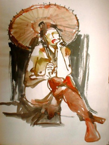 Painting titled "Model with umbrella" by Frank Dong, Original Artwork