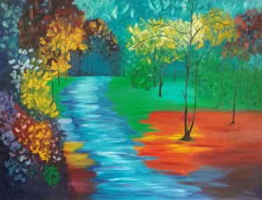 Schilderij getiteld "Kleurrijke bos" door Ramona Grob, Origineel Kunstwerk, Olie