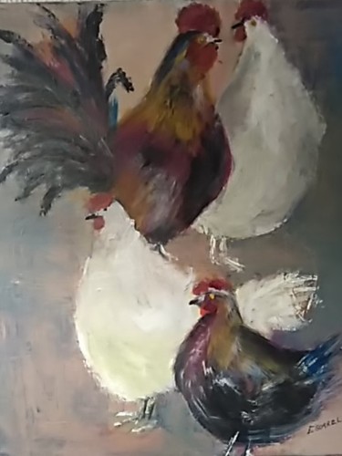 Peinture intitulée "Le coq et ses poules" par Françoise Sorrel, Œuvre d'art originale, Huile