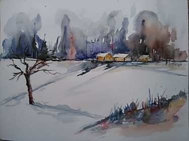 Painting titled "Paysage de neige en…" by Françoise Sorrel, Original Artwork, Watercolor