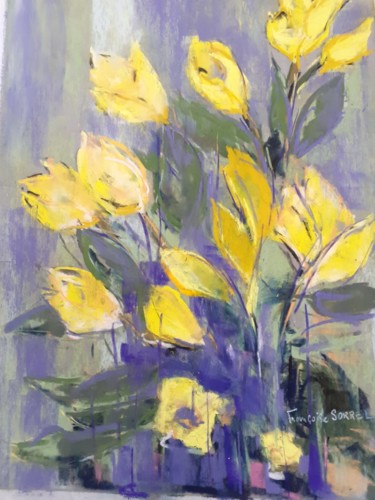 Malerei mit dem Titel "Fleurs jaunes" von Françoise Sorrel, Original-Kunstwerk, Pastell