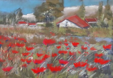 Peinture intitulée "Champ de coquelicots" par Françoise Sorrel, Œuvre d'art originale, Pastel