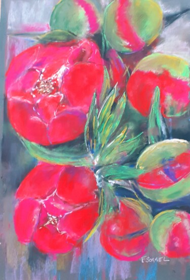 Peinture intitulée "Pivoines rouges" par Françoise Sorrel, Œuvre d'art originale, Pastel