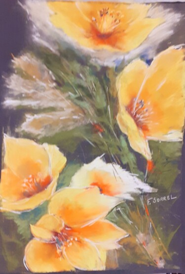 Painting titled "Des fleurs jaunes" by Françoise Sorrel, Original Artwork, Pastel