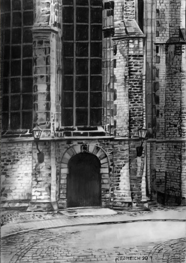 Grande eglise à Dordrecht - Grote Kerk Dordrecht Tekening getiteld "Grande eglise à Dor…" door Franzart, Origineel Kunstwerk, Potlood