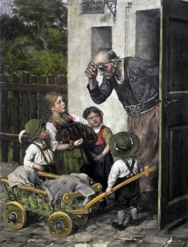 Schilderij getiteld "Gravement malade" door Franz Defregger, Origineel Kunstwerk, Olie