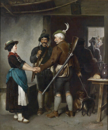 Schilderij getiteld "Adieu au chasseur" door Franz Defregger, Origineel Kunstwerk, Olie