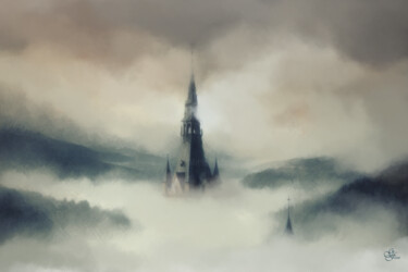 Digital Arts titled "Kirchturm im Nebel" by Franz Grausenburger, Original Artwork, Digital Painting