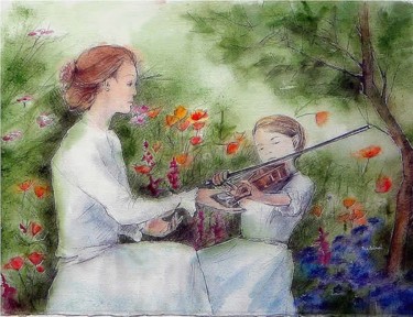 Peinture intitulée "Leçon de violon" par Fran Zainal, Œuvre d'art originale, Autre