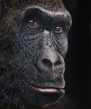 Painting titled "Male Gorilla Portret" by Franzart, Original Artwork, Oil Mounted on Wood Stretcher frame