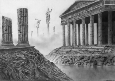 Zeichnungen mit dem Titel "Greek Ruins, Fantasy" von Franzart, Original-Kunstwerk, Graphit