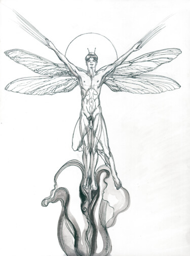 Drawing titled "The Secret Dragonfly" by Fraser Maciver (1960 - 2019), Original Artwork, Ink