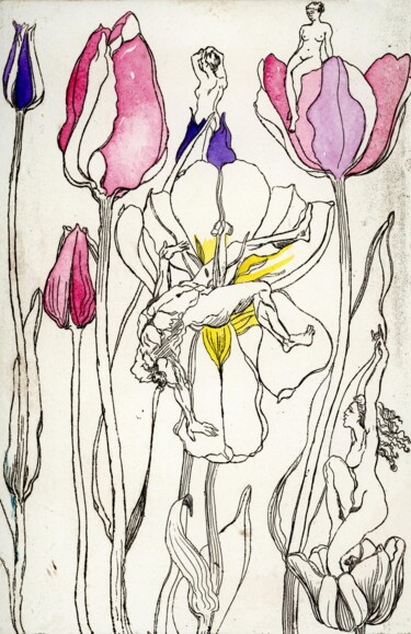 Printmaking titled "Iris, Tulips and Fa…" by Fraser Maciver (1960 - 2019), Original Artwork, Etching