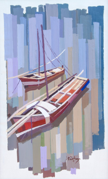 Painting titled "Anchores Boats" by Fred Abuga, Original Artwork, Acrylic