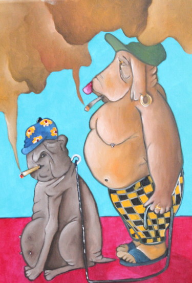 Painting titled "Dogs smoke" by Fred Besnardiere, Original Artwork, Oil