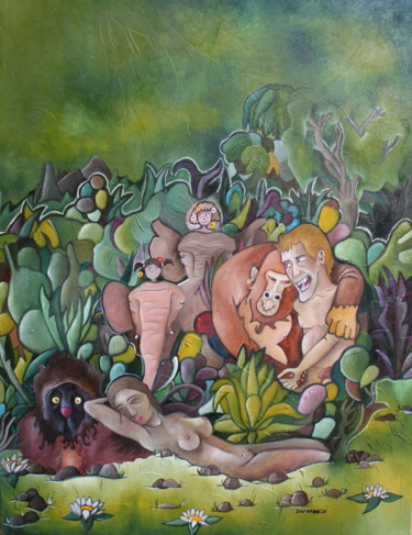 Painting titled "Jungle en famille" by Fred Besnardiere, Original Artwork, Oil