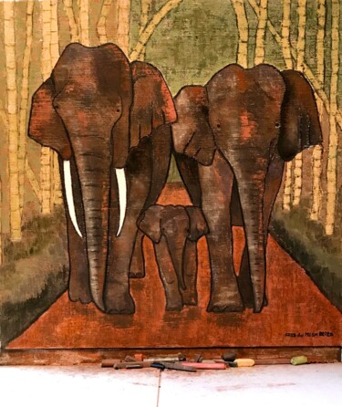Schilderij getiteld "Éléphants" door Fred Du Mesnil, Origineel Kunstwerk, Pastel