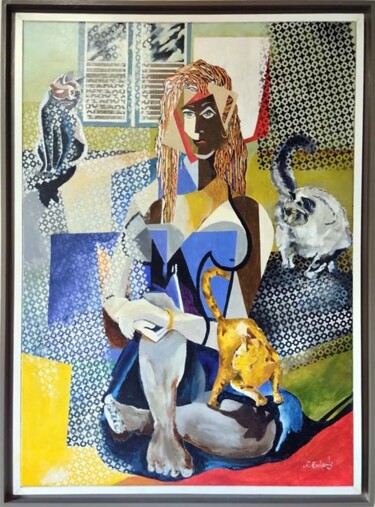 Painting titled "La dame aux chats" by Fred Eucharis, Original Artwork, Acrylic Mounted on Wood Stretcher frame