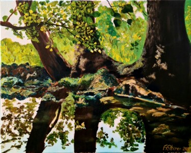 Painting titled "Les trois arbres" by Fred Steiner, Original Artwork, Oil Mounted on Wood Stretcher frame