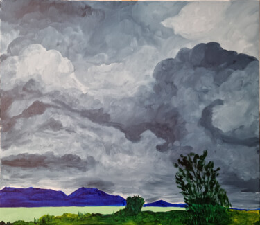 Painting titled "Blue Grey Sky" by Fred Steiner, Original Artwork, Oil Mounted on Wood Stretcher frame