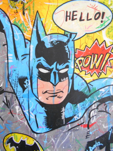 Painting titled "Batman Says Hello…" by Freda People, Original Artwork, Acrylic