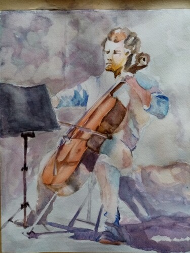 Drawing titled "Solo" by Fred Haute, Original Artwork, Watercolor Mounted on Wood Stretcher frame