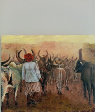 Peinture intitulée "Retour du troupeau" par Fred Haute, Œuvre d'art originale, Huile