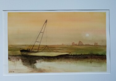 Drawing titled "Au bord du canal" by Fred Haute, Original Artwork, Watercolor