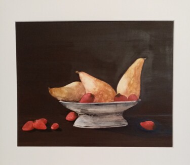 Drawing titled "Compotier aux poires" by Fred Haute, Original Artwork, Watercolor