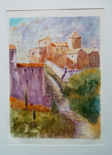 Drawing titled "Village perché" by Fred Haute, Original Artwork, Watercolor