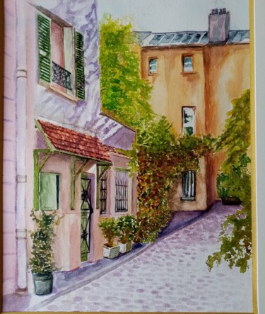 Drawing titled "Ma cour" by Fred Haute, Original Artwork, Watercolor