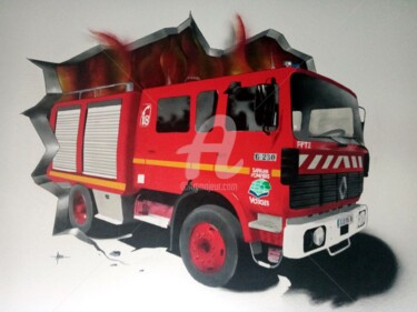 Peinture intitulée "Camion Pompier" par Frédéric Andrès, Œuvre d'art originale, Acrylique