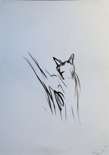 Dessin intitulée "Un chat heureux, en…" par Frédéric Belaubre, Œuvre d'art originale, Encre