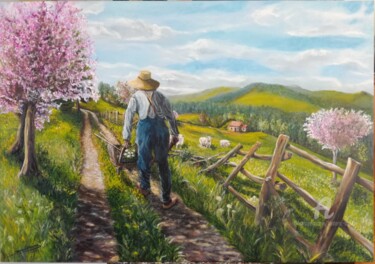 Painting titled "Une vie de campagne" by Frédéric Boirie, Original Artwork, Acrylic Mounted on Wood Stretcher frame