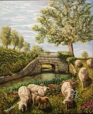 Painting titled "LES MOUTONS D'ALLOUE" by Frédéric Boirie, Original Artwork, Acrylic Mounted on Wood Stretcher frame