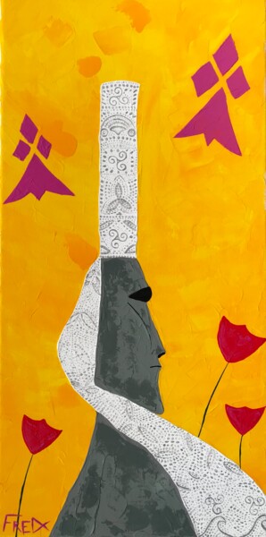 Painting titled "Moai Bigouden #4" by Frédéric Cadiou, Original Artwork, Acrylic Mounted on Wood Stretcher frame