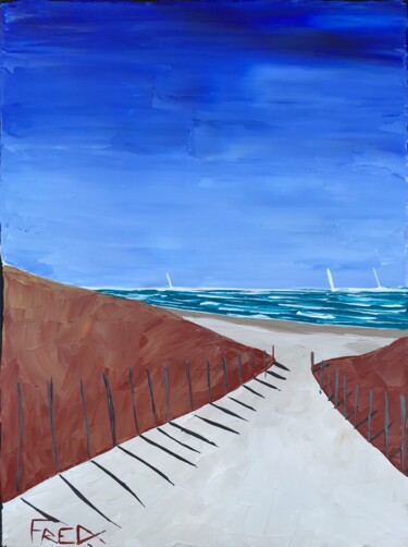 Картина под названием "La plage #4" - Frédéric Cadiou, Подлинное произведение искусства, Акрил Установлен на Деревянная рама…