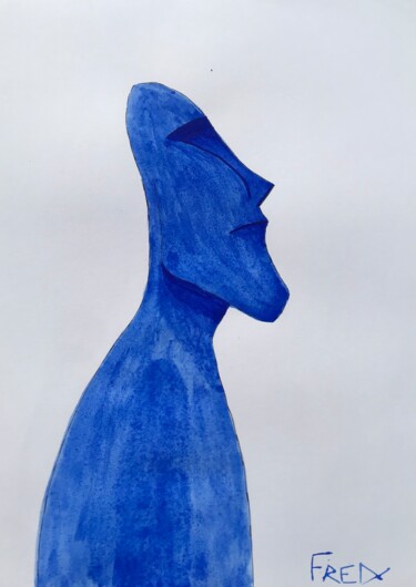 Schilderij getiteld "Blue Moaï #1" door Frédéric Cadiou, Origineel Kunstwerk, Inkt