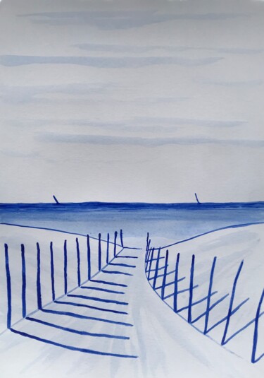 Peinture intitulée "Ganivelles bleues o…" par Frédéric Cadiou, Œuvre d'art originale, Encre