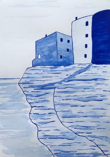 Peinture intitulée "Bonifacio bleu outr…" par Frédéric Cadiou, Œuvre d'art originale, Encre