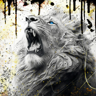 Digital Arts titled "The Cry of the lion" by Frédéric Font (Chroma), Original Artwork, Digital Painting Mounted on Wood Stre…