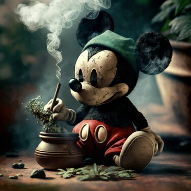 Digital Arts titled "Mickey smoke" by Frédéric Font (Chroma), Original Artwork, Photo Montage Mounted on Wood Stretcher frame